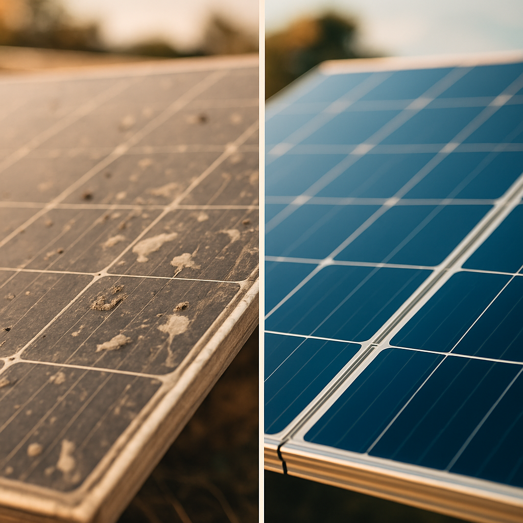 Solar Panel Cleaning Cost Brisbane - Split-screen image. On the left, a close-up of a solar panel covered in dust and bird droppings. On the right, a sparkling clean solar panel reflecting the blue sky. The contrast visually represents the efficiency loss from dirty panels.