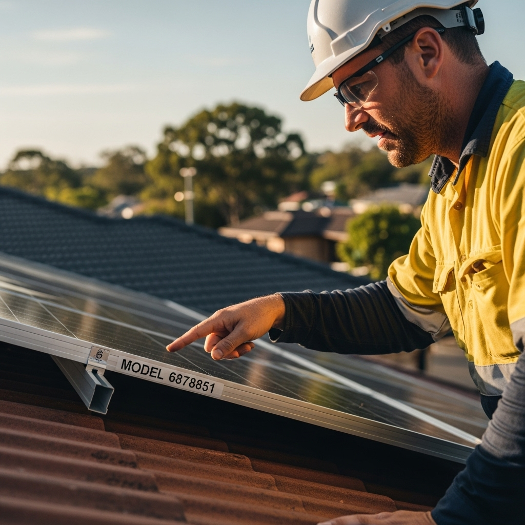 Compare Solar Quotes Brisbane - A close-up shot of an installer pointing to the back of a solar panel on a roof. The focus is on the model number sticker. The installer is wearing appropriate safety gear, and the background shows a typical Brisbane suburban landscape.