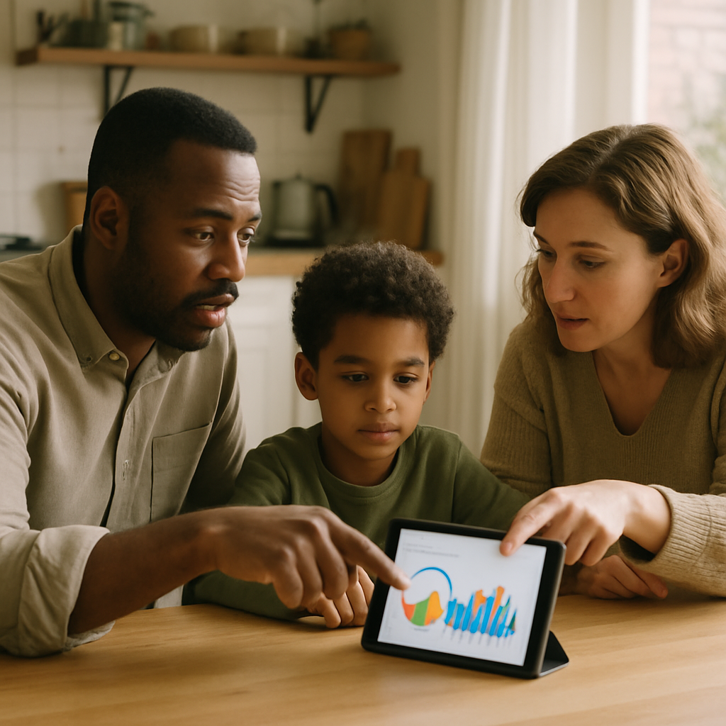 Cec-Approved Battery Installers - A diverse family (two adults, one child) is gathered around a kitchen table, looking at a tablet displaying energy usage data. The data is colorful but illegible. The parents are pointing at the tablet and discussing it with the child. The overall feeling is one of control and understanding of their energy usage.
