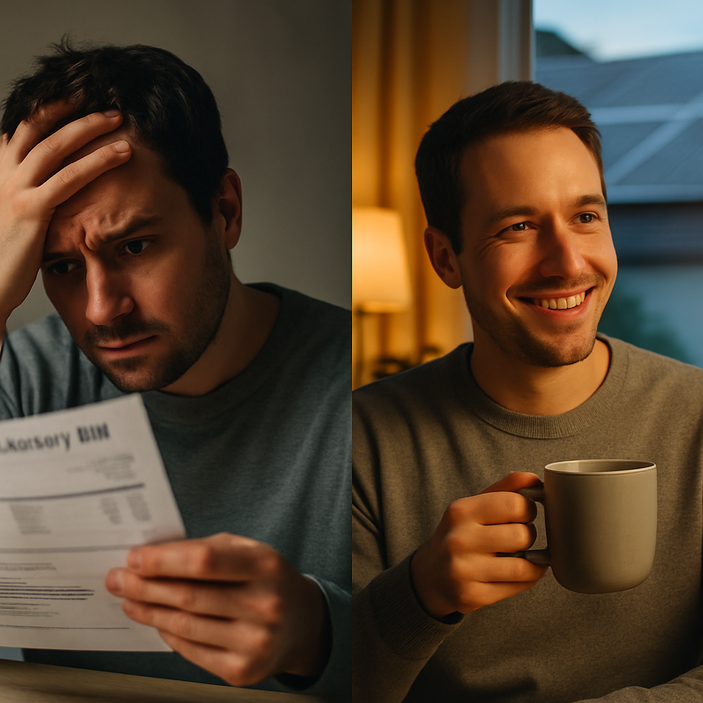 Cec-Approved Battery Installers - A split image. On one side, a concerned homeowner is holding an electricity bill looking stressed. On the other side, the same homeowner is smiling and relaxed, holding a coffee cup, with solar panels visible on the roof through the window behind them. The split visually represents before and after installing a battery system.