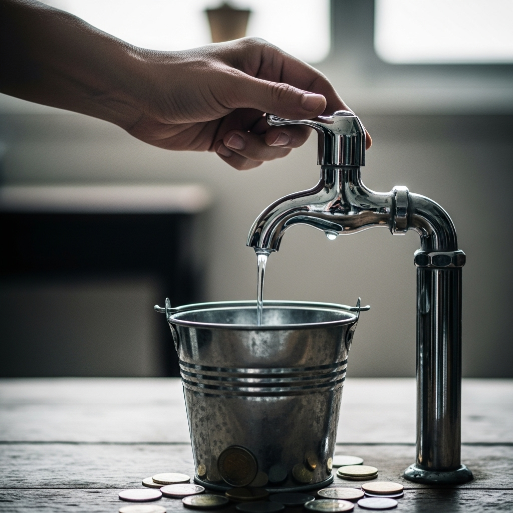 Qld Solar Battery Rebate - A visual metaphor showing a hand gently turning off a faucet (tap). Below the faucet is a bucket with a few scattered coins, representing limited funds. The background is soft and slightly blurred, suggesting a sense of closure or end.