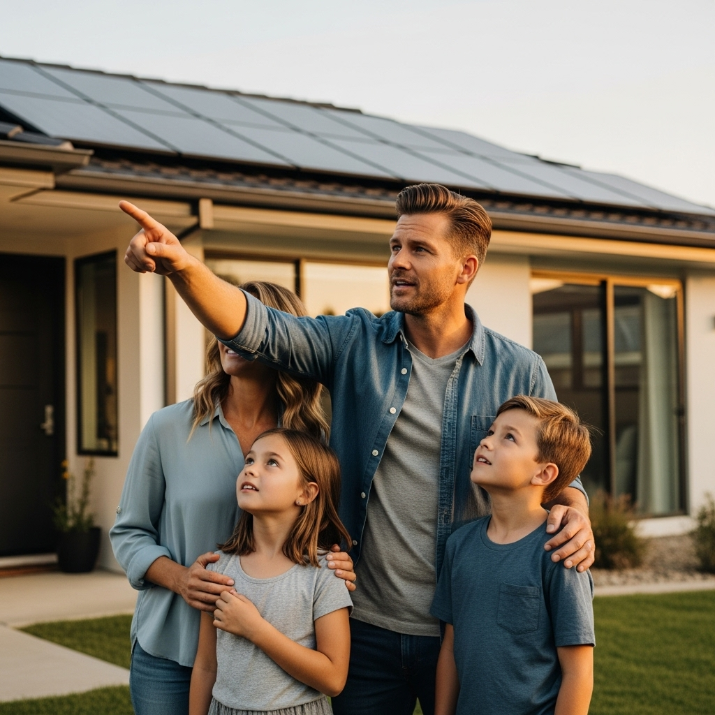 Qld Solar Battery Rebate - A family of four (two parents, two children) are outside their modern, suburban home, looking up at solar panels on their roof with interest. The father is pointing towards the panels, as if explaining how they work to his kids. The overall feeling is optimistic and forward-looking.