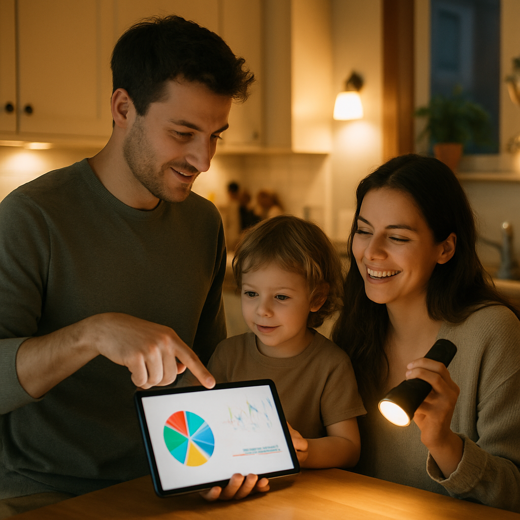 Hybrid Solar System With Battery Storage Brisbane - A young family (father, mother, child) gathered in their kitchen in the early evening. The room is lit primarily by the warm glow of energy-efficient LED lighting. The father is pointing to a stylised, unreadable graph on a tablet showing energy usage, and the mother is smiling, holding a playful flashlight. It conveys a sense of comfort, awareness and control over their energy use.