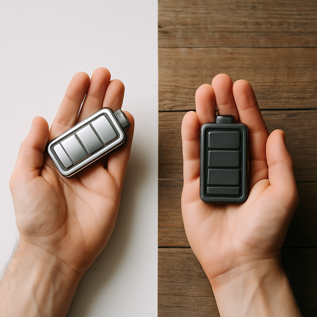 Hybrid Solar System With Battery Storage Brisbane - Two hands are shown, each holding a stylized representation of a battery. One 'battery' is metallic and sleek, reflecting light, while the other is more functional and solid in appearance. The image is shot from above, and the batteries are held apart slightly, inviting comparison. The backgrounds behind each hand subtly differ, suggesting premium vs. value.