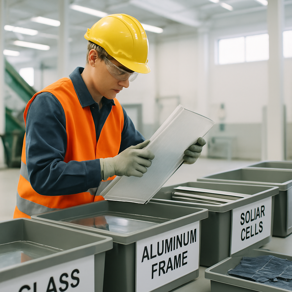 Solar Panel Removal And Disposal Brisbane - A worker wearing safety gear in a bright, clean recycling facility, carefully stacking disassembled solar panel components (glass, aluminum frame, etc.) into separate labeled containers. The containers are neatly arranged and the environment looks professional and environmentally conscious.