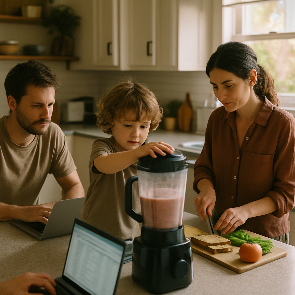 Are Solar Panels Worth It In Brisbane - A young family (two parents, one child) is gathered around a kitchen island. The child is using a blender to make a smoothie, while one parent is using a laptop and the other is preparing lunch. Sunlight streams in through the window. The scene conveys a sense of active energy use within a home powered by solar.
