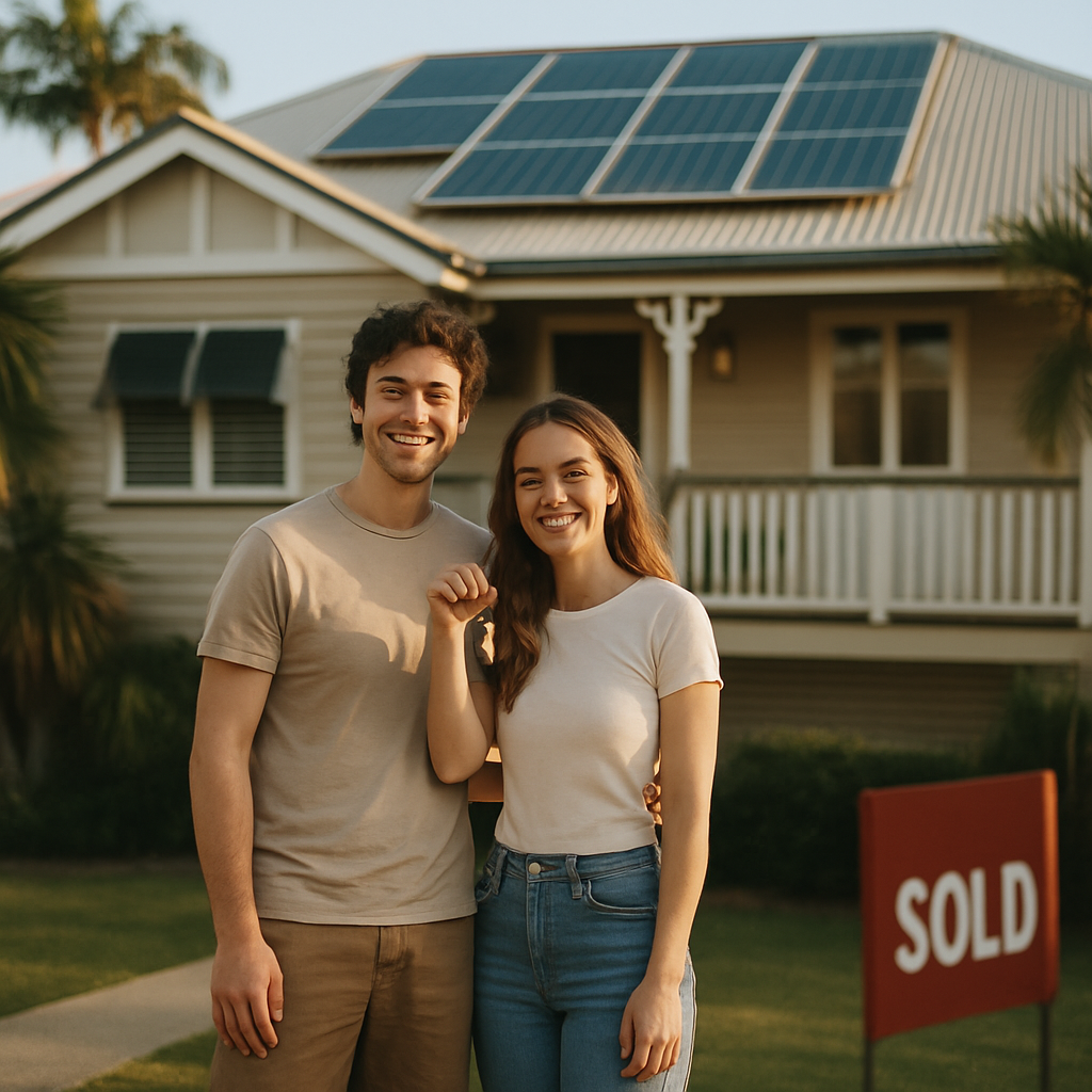 Are Solar Panels Worth It In Brisbane - A young couple stands proudly in front of their Brisbane home, which has solar panels clearly visible on the roof. They are holding house keys and smiling, with a 'sold' sign subtly visible on the front lawn. The overall impression is of a successful home sale due to the solar panel installation.