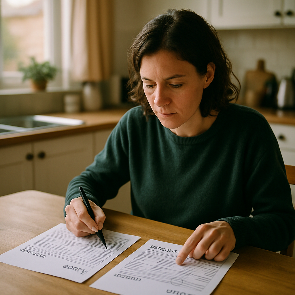 Cec-Approved Solar Battery Retailers Qld - A person sitting at a kitchen table is carefully comparing two side-by-side energy quotes on paper. They are using a pen to circle or highlight specific details. The focus is on their focused expression and the act of comparing information.