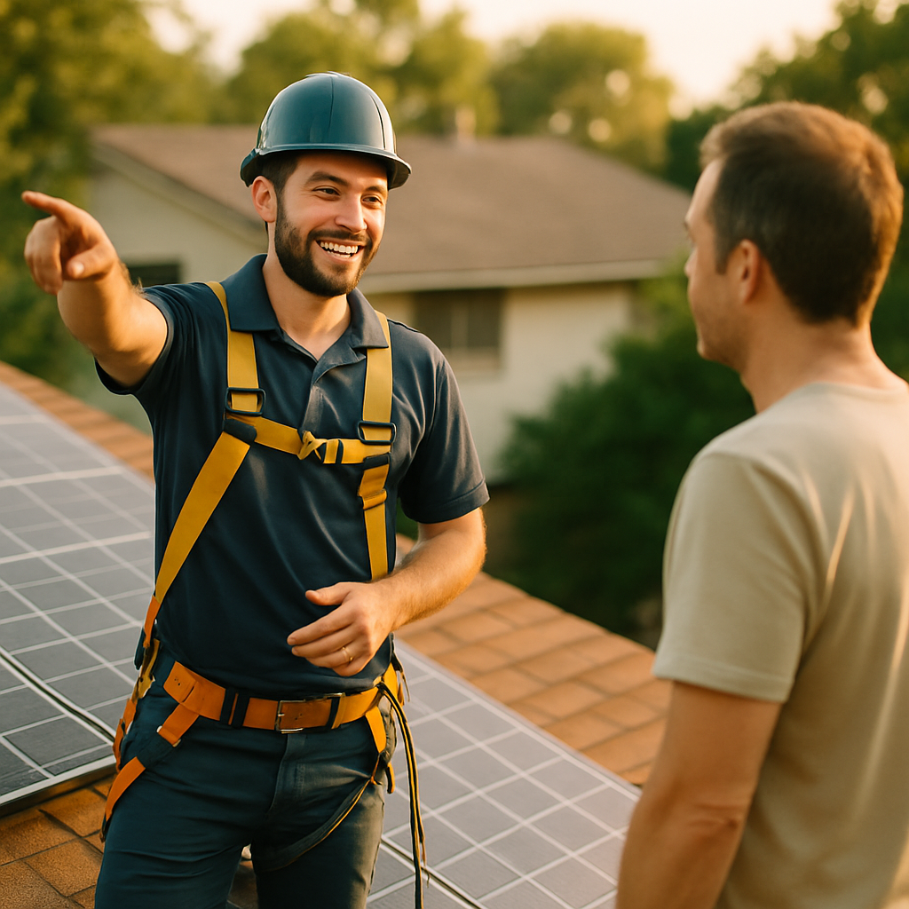 Solar Installer Brisbane - A friendly solar installer, wearing a company-branded polo shirt (avoiding any specific logo), is standing on a roof next to a newly installed solar panel array. He is pointing and explaining something to a homeowner who is looking on attentively. Safety harnesses are visible, indicating professional installation.