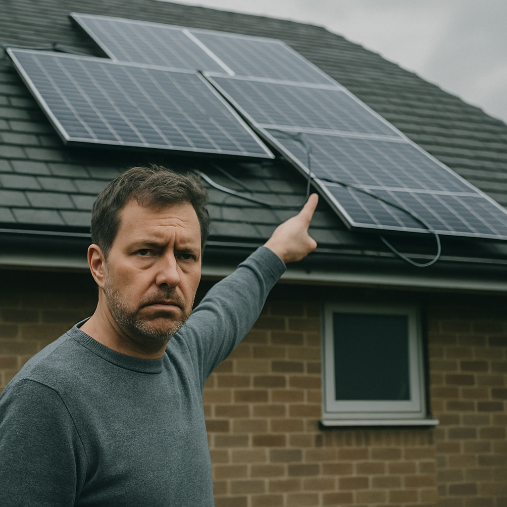 Solar Installer Brisbane - A concerned-looking homeowner is pointing at a section of their roof where a solar panel is visibly misaligned or damaged. The overall impression is of a poorly installed system, with loose wiring or other visible defects (avoiding brand specific panels). The weather is overcast to enhance the feeling of disappointment and potential future issues.