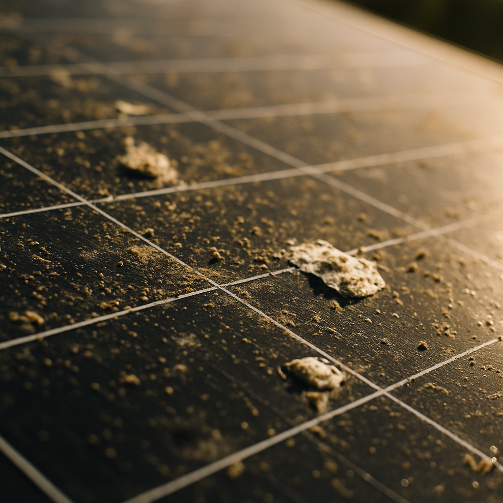 Solar System Maintenance Qld - A close-up shot of a solar panel surface with visible dirt, dust, and a few bird droppings. The sun is shining, highlighting the grime. Focus is on the panel surface, not the surroundings.