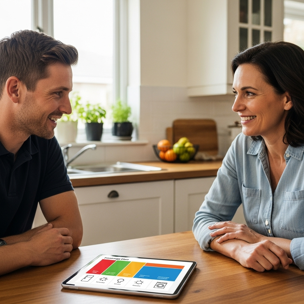 Best Solar Battery For Blackout Protection Brisbane - A friendly, knowledgeable solar installer is sitting at a kitchen table with a homeowner (a woman), reviewing a home energy plan displayed on a tablet. The tablet shows a simplified, colorful representation of energy usage patterns for key appliances like a refrigerator and lights. They are both smiling and engaged in the conversation.