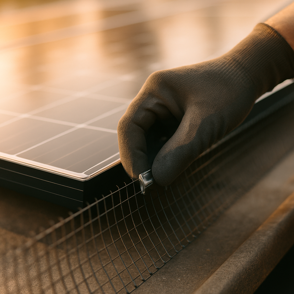 Solar Panel Bird Proofing Brisbane - A close-up shot of a gloved hand carefully attaching bird proofing mesh to solar panels using specialized clips. The focus is on the detail of the mesh and the secure attachment. The panels are clean and modern-looking.