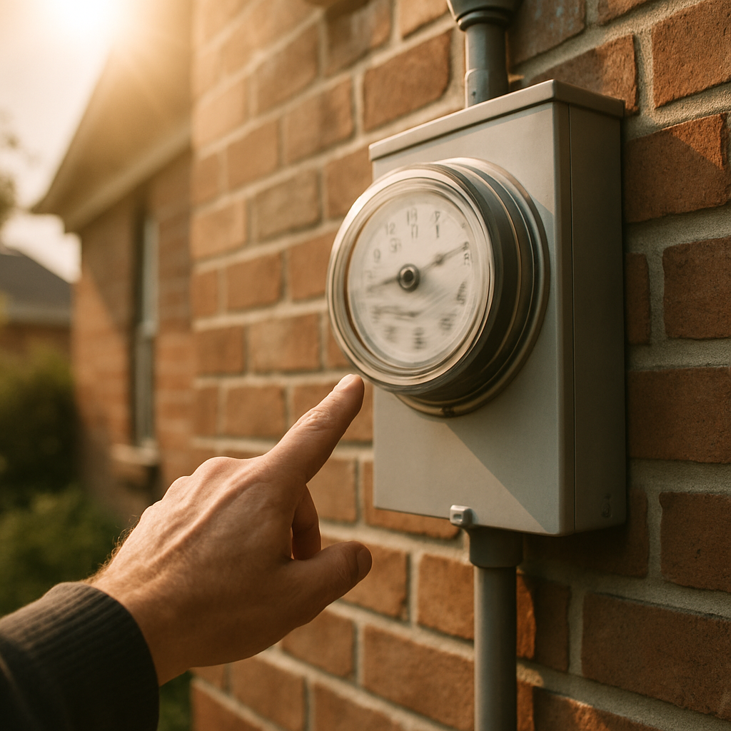 Solar Panel Payback Period Brisbane - A person's hand pointing to a traditional analog electricity meter outside a house. The meter dials are spinning rapidly and blurry, visually conveying high energy usage and cost. The sun is shining brightly overhead. The hand is healthy and belonging to someone middle-aged, suggesting an established homeowner.