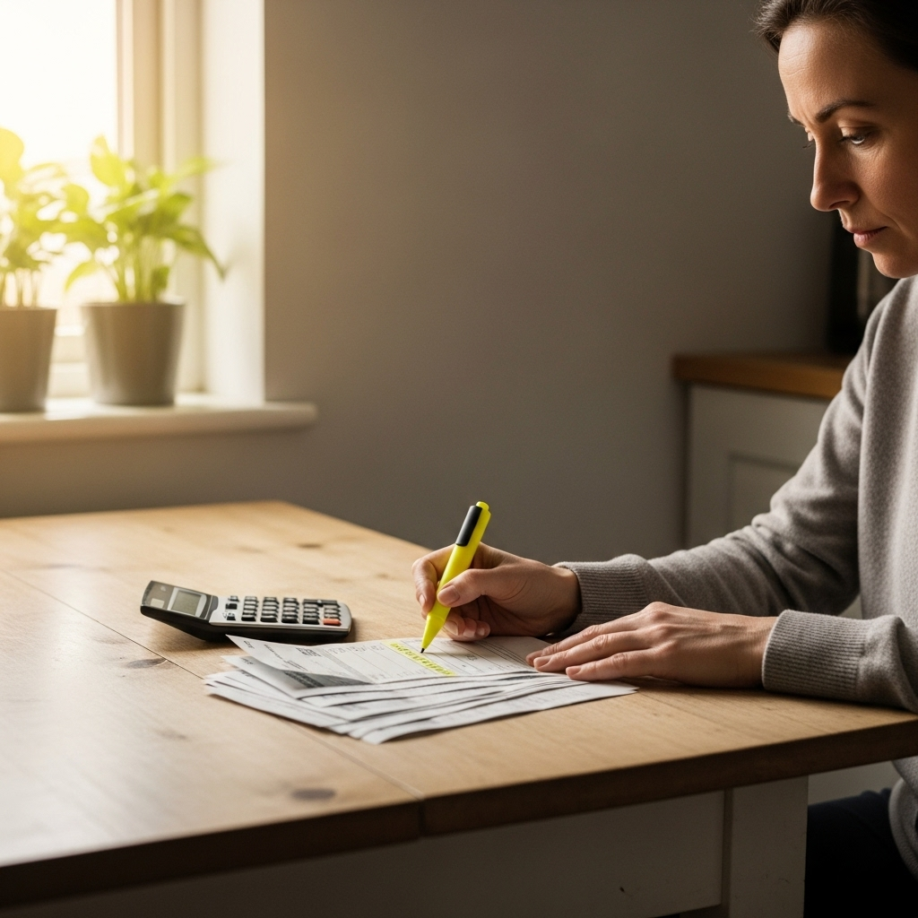 Solar System For A 4-Bedroom House Brisbane - A person sitting at a kitchen table with a stack of electricity bills and a calculator. They are highlighting figures on one of the bills with a pen, deep in thought. Sunlight streams in through the window, creating a focused and analytical atmosphere.