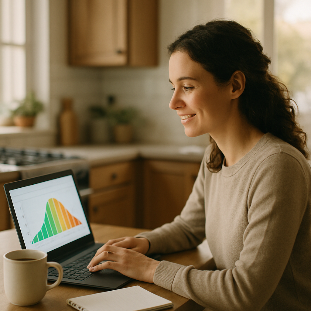 Solar System Upgrade Cost Estimator Qld - A woman sitting at her kitchen table, looking at a laptop screen displaying a brightly colored, illegible graph (representing energy consumption). She is smiling slightly, and a coffee mug and notepad are next to her, suggesting she's doing research and planning. The feeling is one of empowerment and taking control of her energy use.