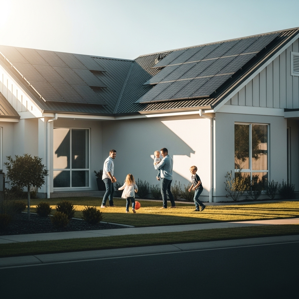 What Size Solar Battery Do I Need For My Home - A medium shot of a modern, clean home with solar panels on the roof. In the foreground, a happy family (parents and two young children) are playing in the yard. The sun is shining, and the image conveys a sense of energy independence and sustainability.