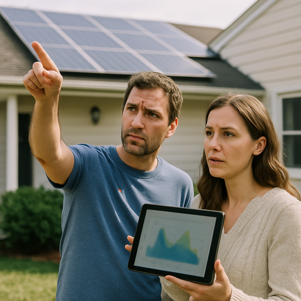 13.2Kw Solar System Cost Brisbane - Two homeowners, a man and a woman, are standing side-by-side, looking up at solar panels installed on their roof. The man is pointing towards the panels, and the woman is holding a tablet, seemingly reviewing information about the system. They appear to be engaged in a thoughtful discussion, with a concerned look on their faces.