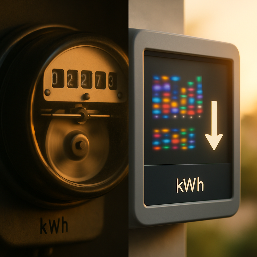 13.2Kw Solar System Cost Brisbane - A split image. On one side, a traditional electricity meter is spinning rapidly. On the other side, a digital display shows energy production from solar panels, with a stylized downward arrow suggesting energy flowing back to the grid. The lighting on the solar side is bright and sunny, symbolizing energy savings. The meter side is lit in a dim, less inviting way.