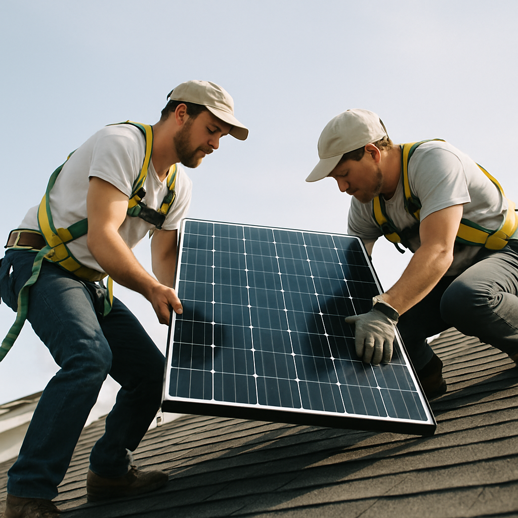 Solar Company Ashgrove - A shot from a slightly low angle looking up towards two solar panel installers on a residential roof. They are wearing safety harnesses and are carefully positioning a solar panel. The focus is on the professionalism and safety of the installation process. The sky is bright and clear.