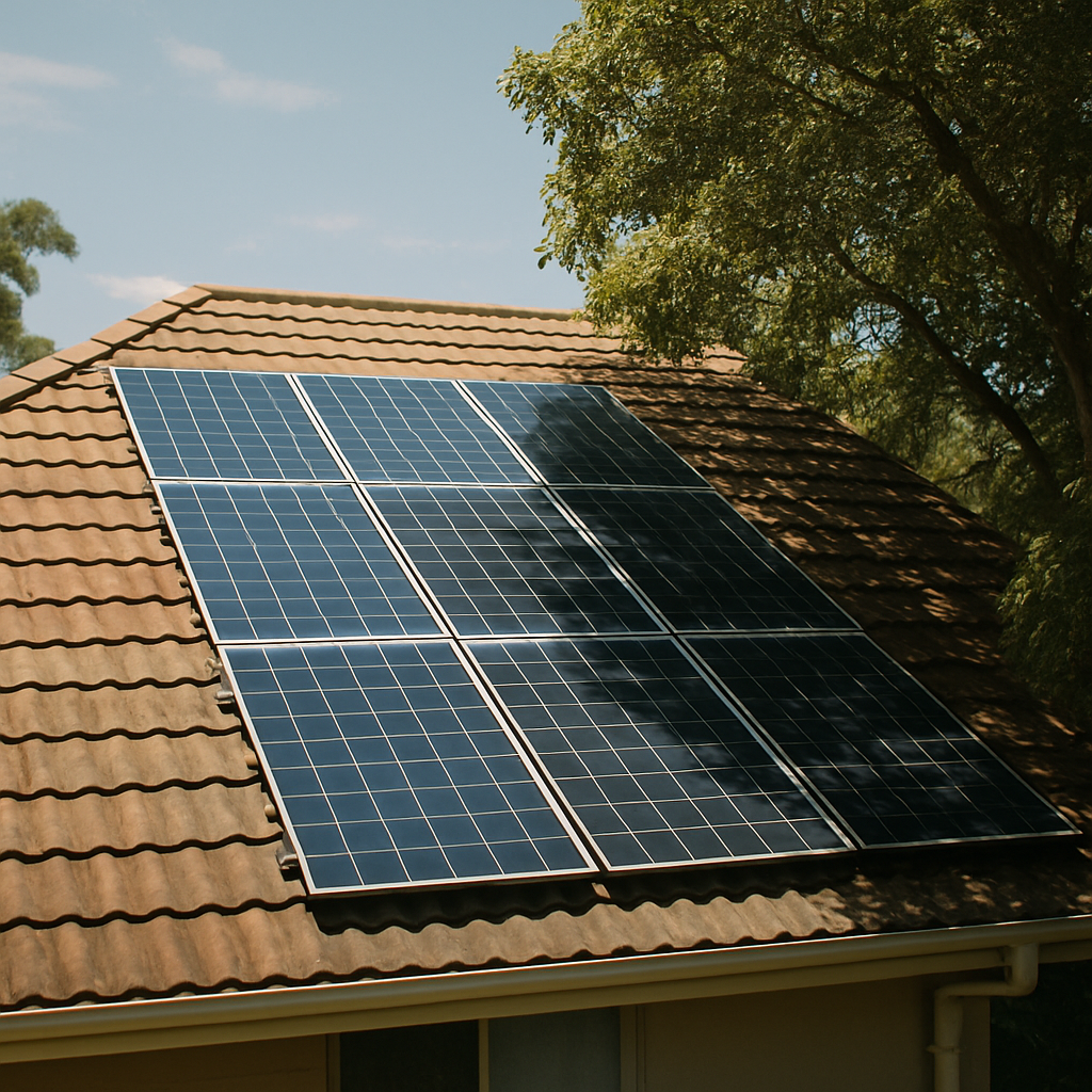 Hybrid Inverter Vs Microinverters - A sunny Brisbane home's roof. Half of the roof is bathed in sunlight, clearly illuminating the solar panels. The other half of the roof is partially shaded by the leaves of a nearby tree, creating dappled light on the solar panels. The image visually represents the advantage of microinverters in partially shaded conditions.