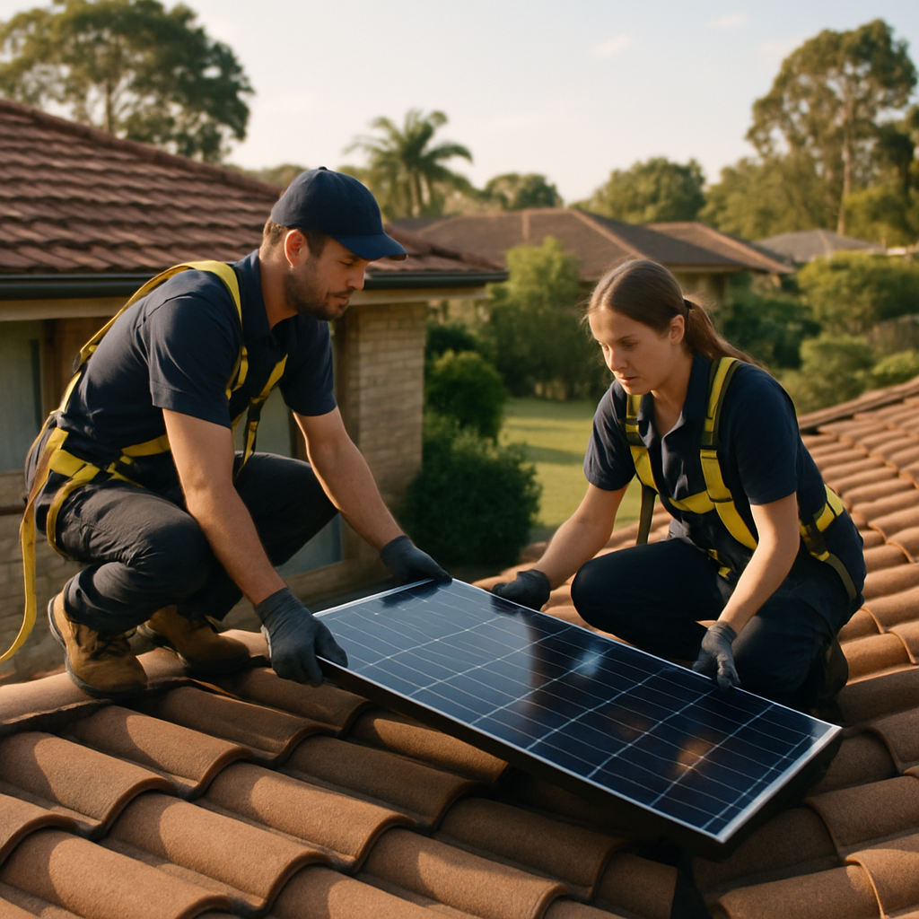Solar Panel Installation Holland Park - A positive image of a solar panel installation team, two people (one male, one female) on a residential roof, carefully installing a solar panel. They are wearing safety harnesses and working in a professional manner. The house is a typical suburban Brisbane home.