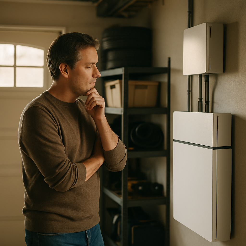 Tesla Powerwall Vs Sungrow Battery Comparison - A thoughtful-looking homeowner (man or woman) standing in their garage, looking at a cleanly installed home battery system on the wall. They are not touching it or interacting with it directly. The scene conveys a sense of informed decision-making and taking control of their home energy.