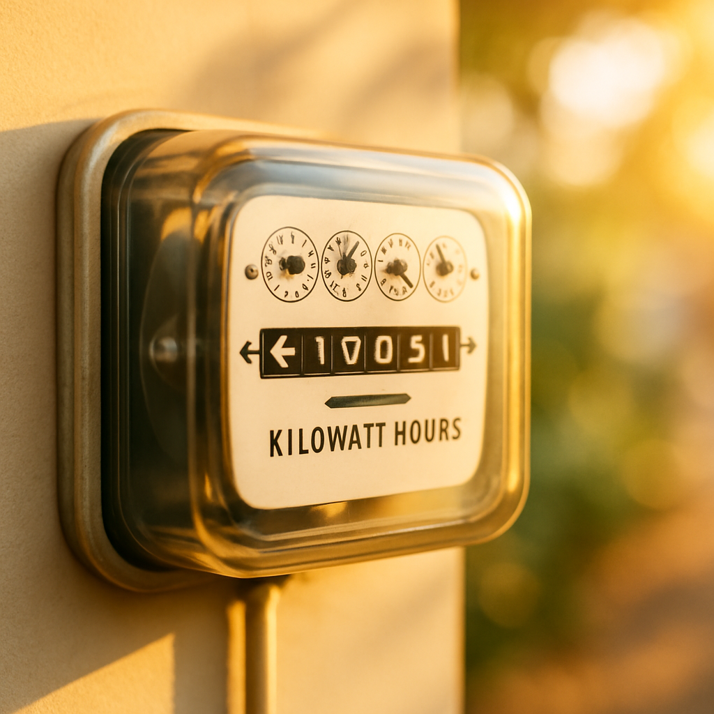 Commercial Solar Panels Brisbane - A visual metaphor: a bright, sunny close-up of a kilowatt hour meter running *backwards* indicating savings. The scene should be cheerful and optimistic, focusing on the 'rewinding' effect of the meter as sunlight shines on it.