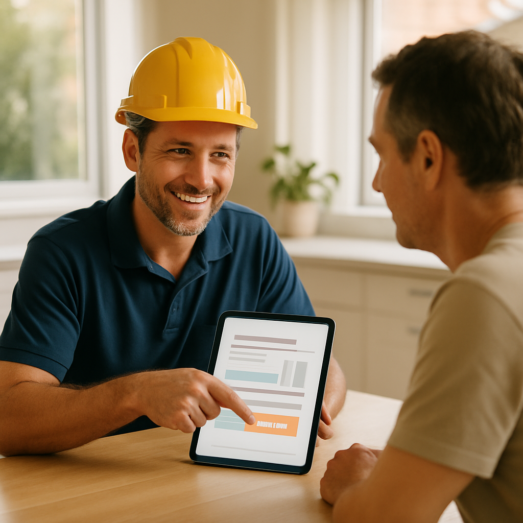 Solar Battery Financing Options Brisbane - A friendly solar installer, holding a tablet, sitting at a kitchen table with a Brisbane homeowner. The installer is pointing to a section on the tablet which shows a stylized breakdown of costs, clearly highlighting the 'discount' amount in a visually appealing way. The kitchen is bright and modern.