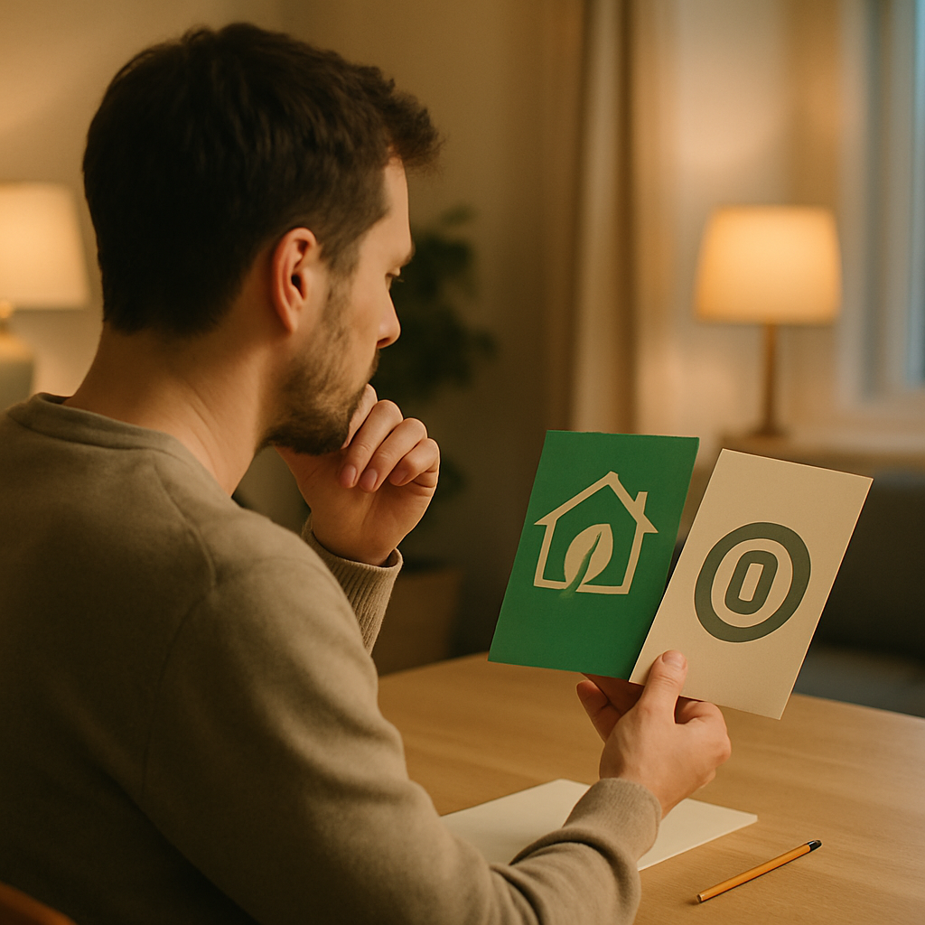 Solar Battery Financing Options Brisbane - A homeowner sitting at their desk at home, looking thoughtfully at two stylized brochures - one green, representing a 'green loan', and the other with a zero symbol, representing 'interest-free'. A pencil rests on the desk, suggesting they are considering their options. The scene should feel calm and focused.