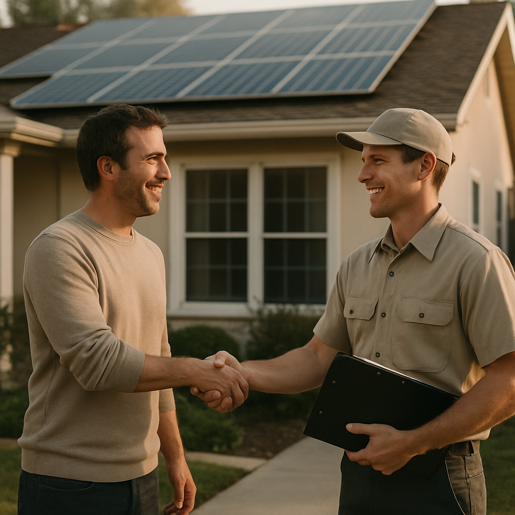 Solar Inverter Repair Mount Gravatt - A homeowner is shaking hands with a friendly solar technician. The technician is wearing a clean uniform and holding a clipboard. The setting is outside the homeowner's house with solar panels visible on the roof. The handshake symbolizes trust and reliability. Both are smiling.