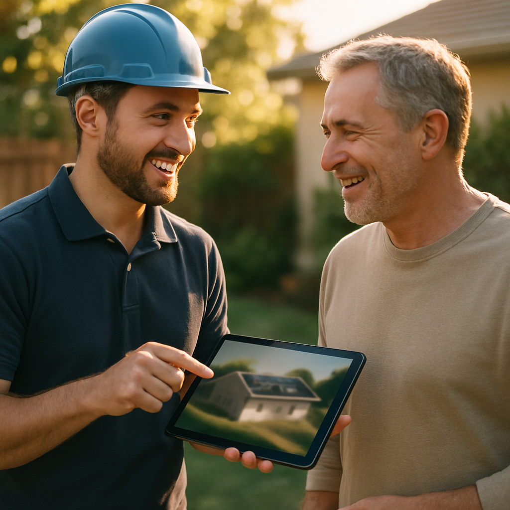 Solar Installers Brisbane - A friendly solar installer is showing a homeowner a digital 3D rendering on a tablet of how solar panels would look on their roof. They are both smiling and engaged in a conversation in the homeowner's sunny backyard.