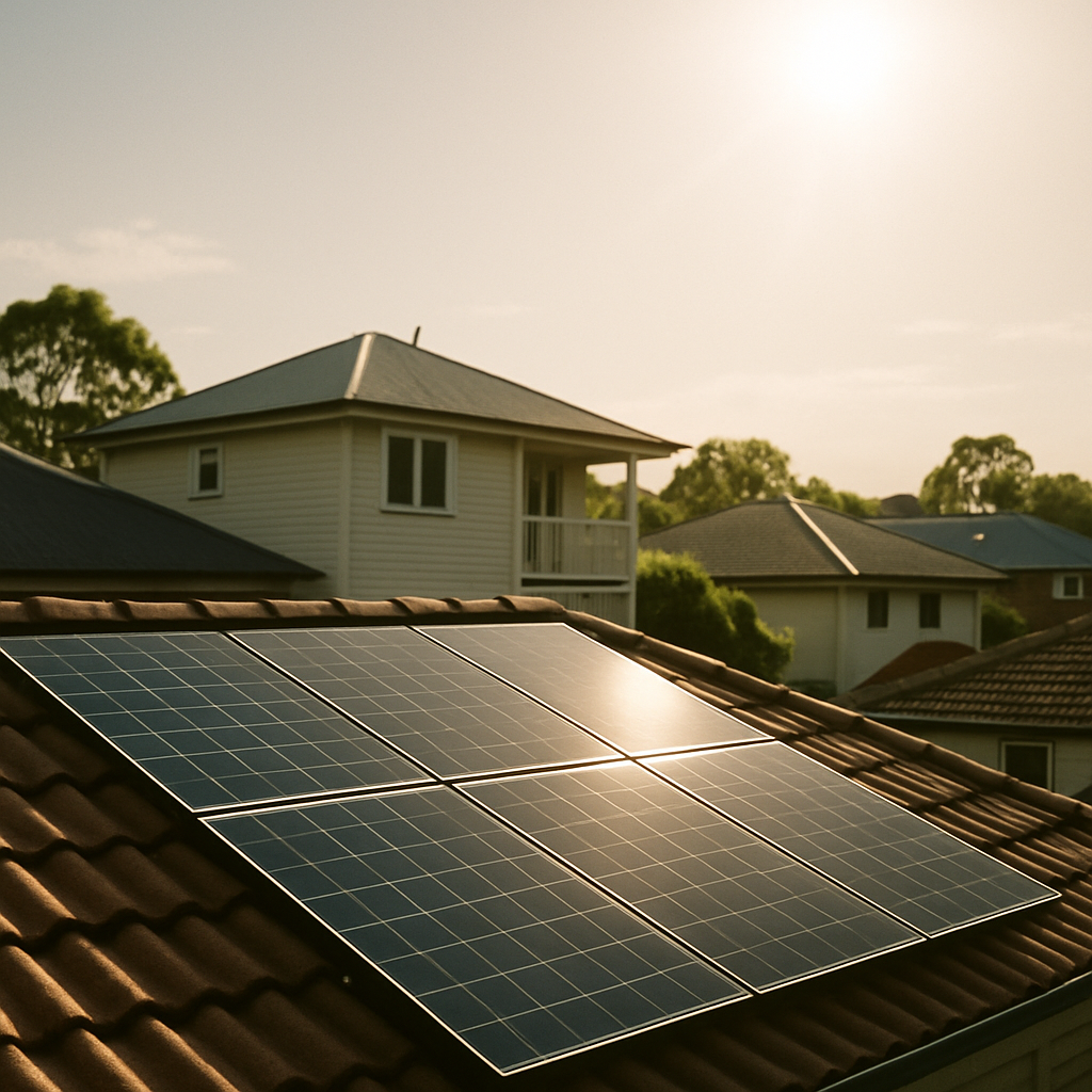 Solar System For Pool Brisbane - A visually striking image showing sunlight streaming down onto a residential rooftop covered in clean, modern solar panels. The houses nearby are also visible, implying a community embracing solar energy. The scene captures the abundance of sunshine in Brisbane and the efficiency of solar panels.