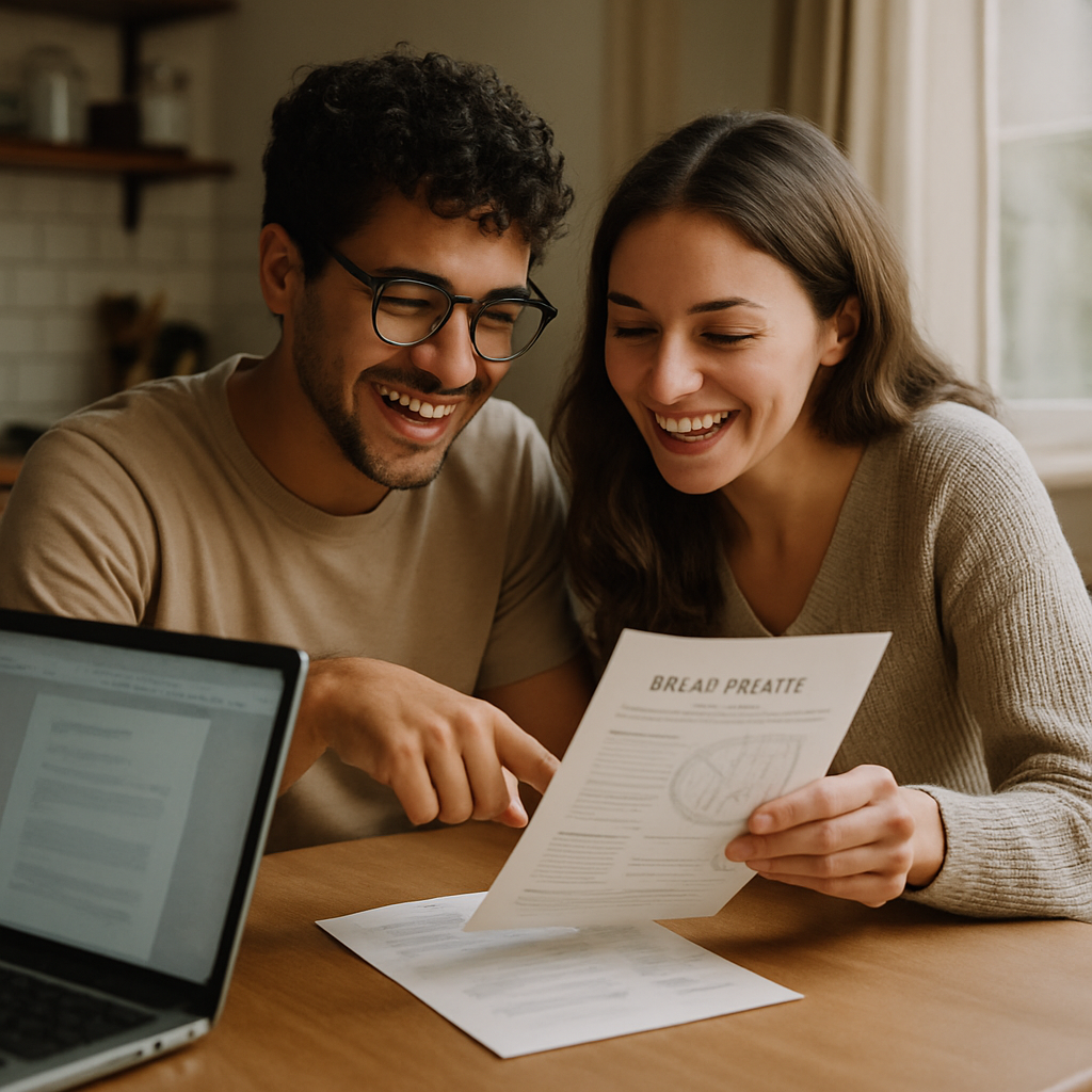 Solar Financing Options Queensland - A young couple sitting at their kitchen table, reviewing documents related to a solar rebate application. They are both smiling and pointing at a stylized (but illegible) official-looking form. A laptop is open in front of them, also displaying a simplified document.