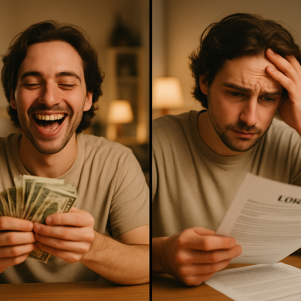 Solar Financing Options Queensland - A split-screen image. On one side, a person is happily counting cash. On the other side, the same person is looking slightly stressed while reviewing loan documents. The overall effect is a visual comparison of the pros and cons of different financing methods, without specifying particular loans.