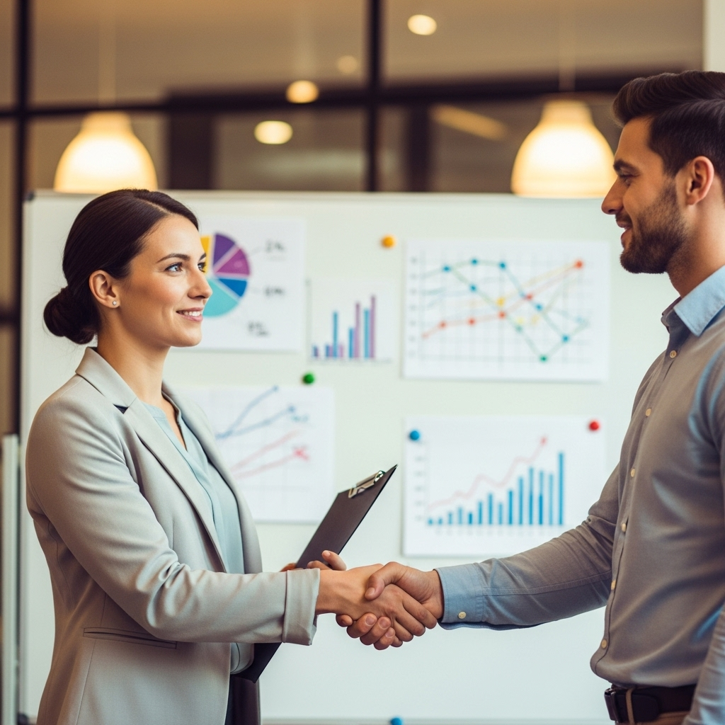 Commercial Solar Ppa - Two business professionals, a woman and a man, are shaking hands in a modern office setting, standing in front of a whiteboard displaying stylized (and illegible) charts and graphs related to energy production and consumption. The scene conveys trust and a successful business partnership.