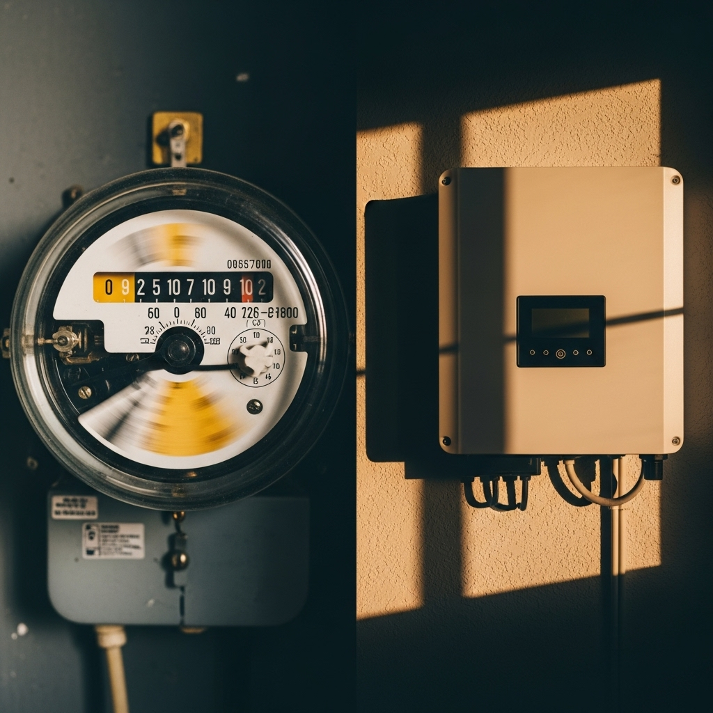 Commercial Solar Ppa - A split image, separated vertically. The left side shows an old, traditional electricity meter spinning rapidly, appearing worn and outdated. The right side features a sleek, modern solar inverter mounted on a wall, with sunlight streaming onto it. This symbolizes the transition from old energy to new.