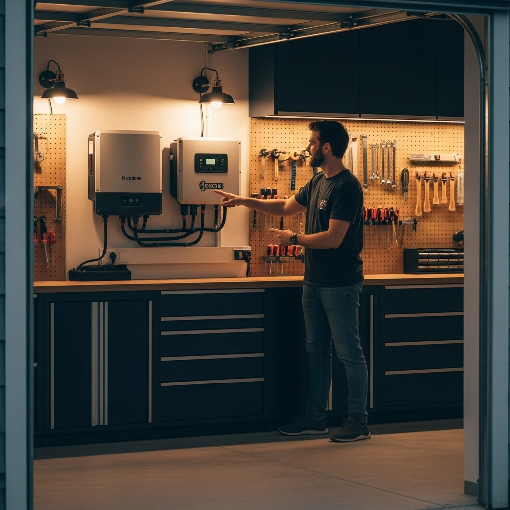 Interest-Free Solar Loans Qld - A person is in their well-organized, modern garage, pointing with pride to a sleek, rectangular home battery unit mounted on the wall next to their solar inverter. The garage is clean and uncluttered.