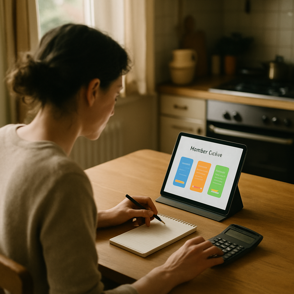 Interest-Free Solar Loans Qld - A person is sitting at their kitchen table, illuminated by natural light, looking at a document or tablet with energy loan options. They are using a calculator and notepad, with a pen in hand, thoughtfully planning their finances.