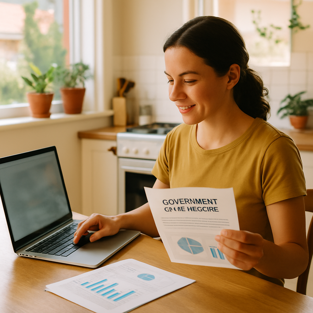 No Deposit Solar Finance Brisbane - A person sitting at their kitchen table in a sun-drenched Brisbane home, reviewing documents related to government solar rebates on a laptop. The feeling is one of empowerment and financial savvy. The documents have stylized charts and illegible text, focusing on the act of research and planning.
