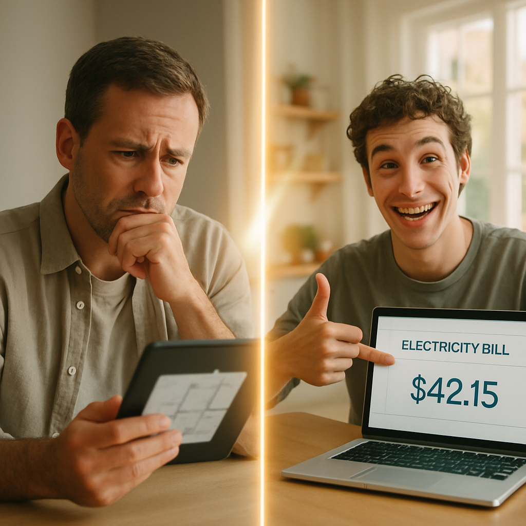 Solar For Rental Properties Qld Laws - A split-screen image. On one side, a landlord looking thoughtfully at a property (possibly a house plan) with a concerned expression. On the other side, a tenant happily pointing to a significantly lower electricity bill on their laptop. A connecting visual element, like a beam of sunlight or a stylized arrow, bridges the two sides, suggesting that solar can be a win-win solution.