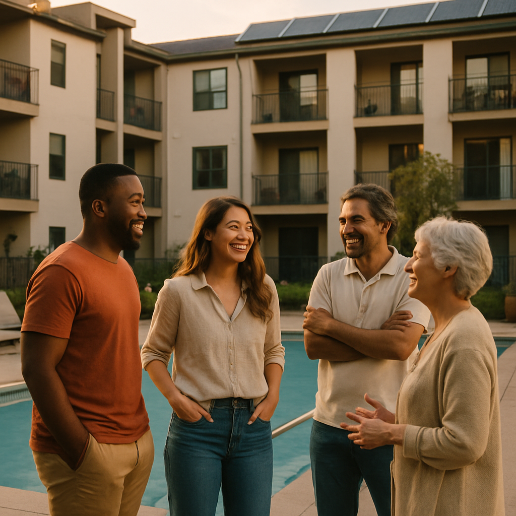 Body Corporate Solar Panel Rules Qld - A diverse group of neighbors chatting casually near a shared swimming pool in their apartment complex. In the background, solar panels are discreetly visible on the building's roof, representing a shared benefit. The scene is bright, modern, and community-oriented.
