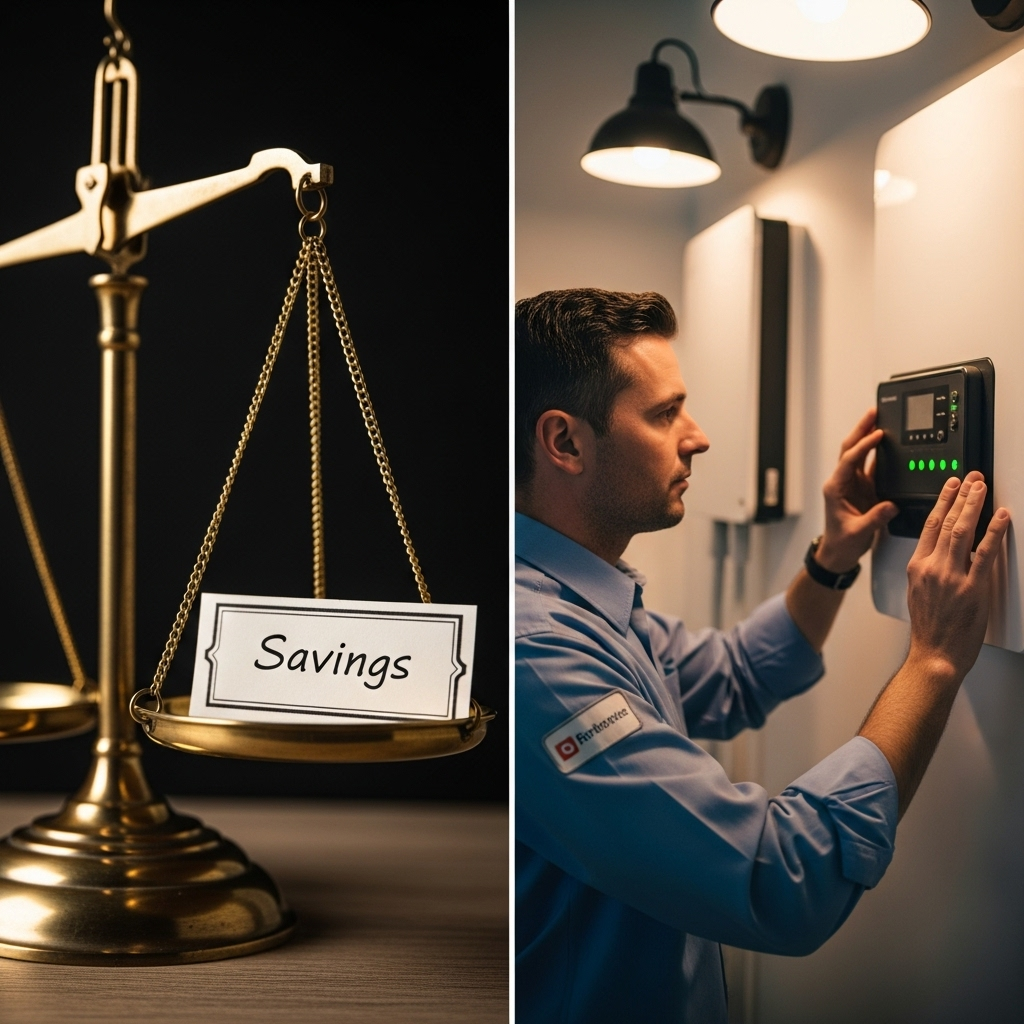 Solar Battery Maintenance Services Brisbane - A split-screen image. On one side, a close-up of a set of weighing scales gently tipping in favor of savings. On the other side, a technician in a clean uniform is performing a visual inspection of a battery. The scene should suggest balance and value.