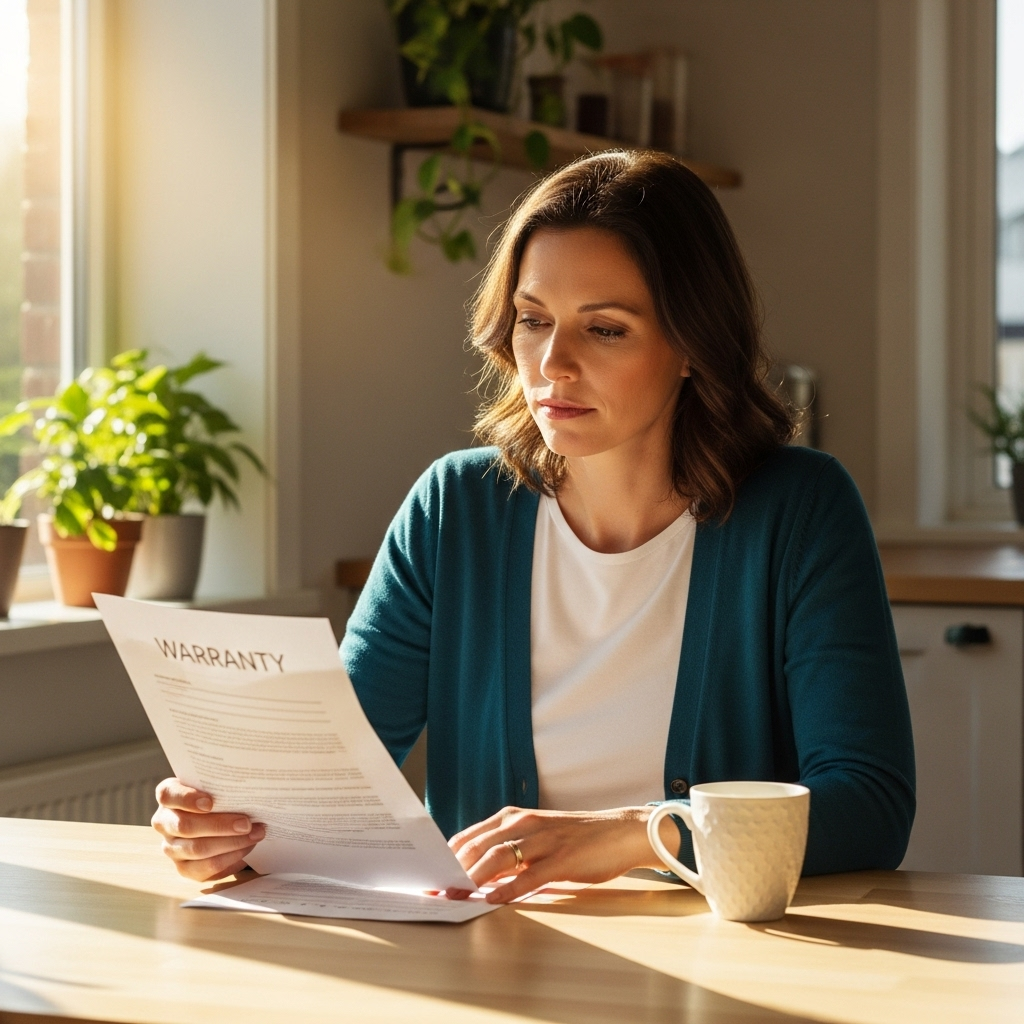 Solar Battery Maintenance Services Brisbane - A homeowner, a woman in her 40s, is sitting at her kitchen table reviewing a document with the word 'Warranty' prominently displayed (but the rest of the text is illegible). Sunlight streams in through the window, illuminating the document. She has a thoughtful, but not worried, expression on her face. A coffee cup is nearby.