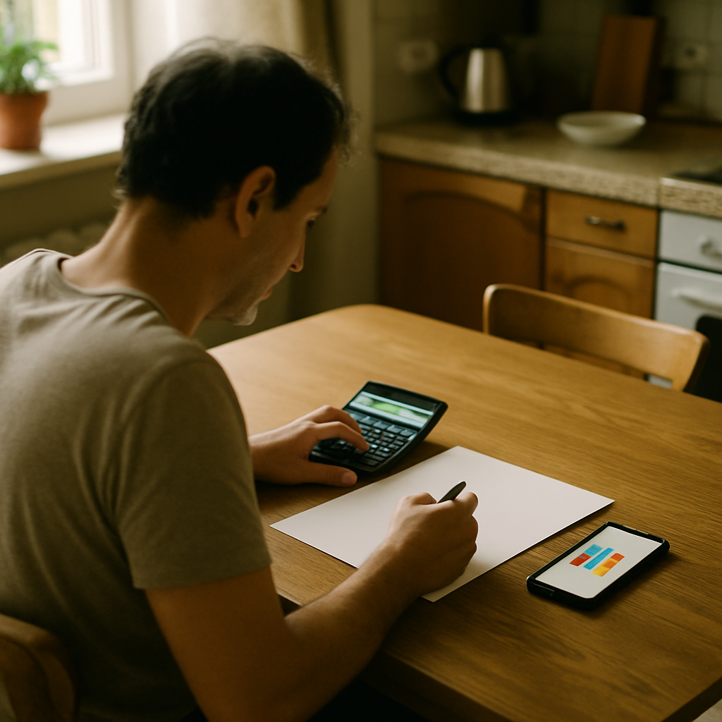 Stc Rebate Qld - A person sitting at a kitchen table, bathed in natural light, using a calculator and a pen to work out figures on a clean sheet of paper. A smartphone with a simple, colourful graph (no legible data) is resting nearby. The scene should convey a sense of calm and financial planning.