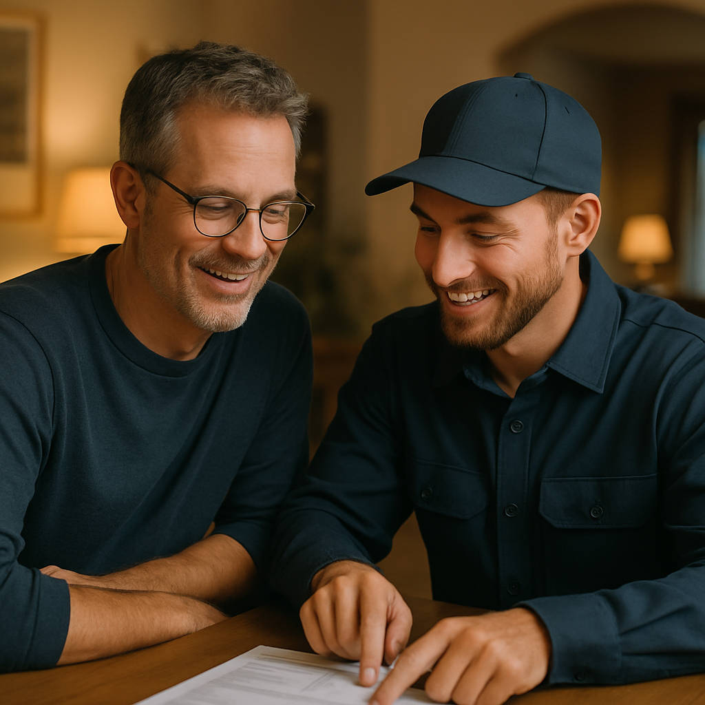 Stc Rebate Qld - A homeowner, perhaps mid-40s, is sitting at their dining table with a solar installer. The installer is pointing to a line item on a printed quote, explaining it clearly and transparently. Both are smiling and engaged in a friendly conversation.