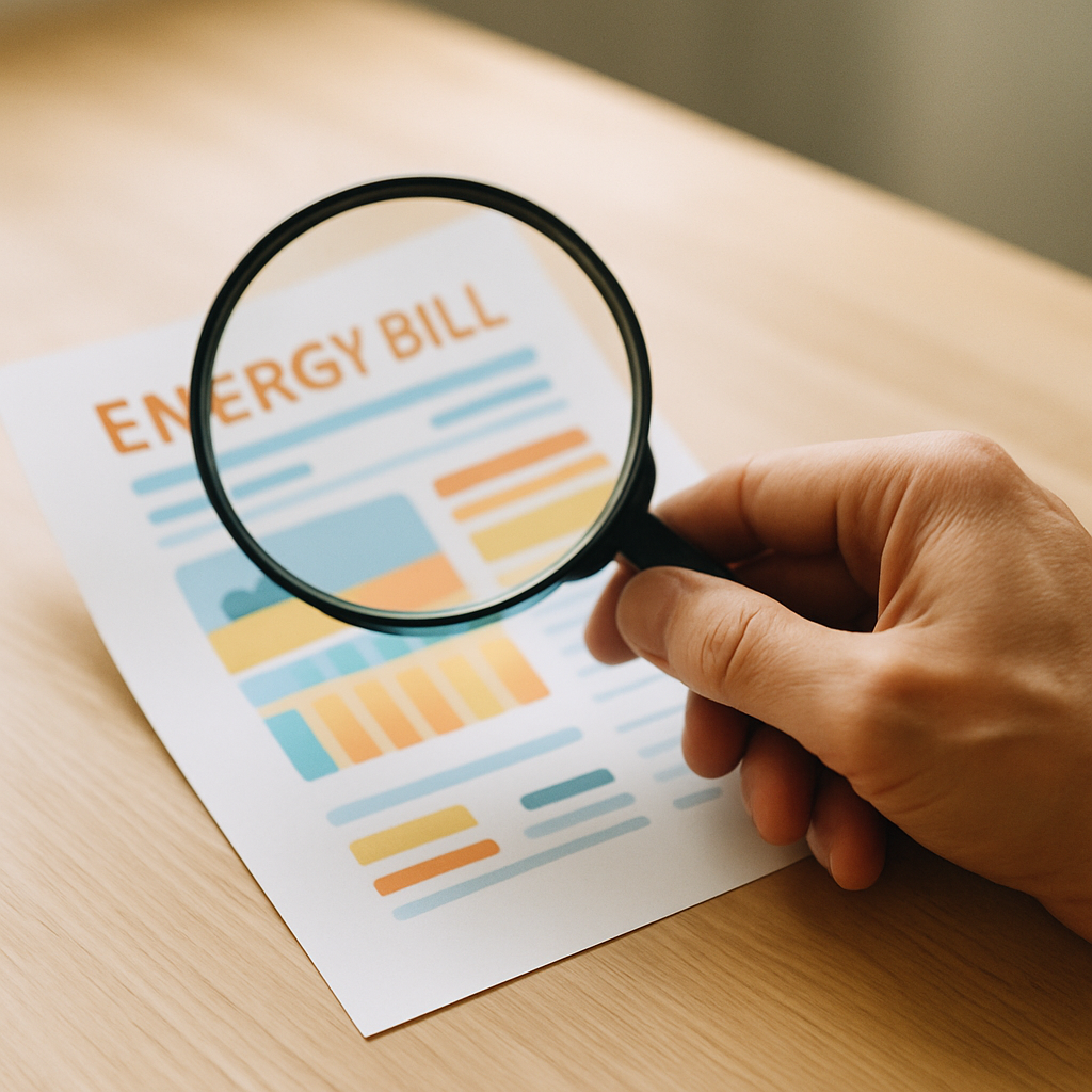 Compare Solar Feed In Tariffs - A close-up shot of a hand holding a magnifying glass over a simplified, colorful, but illegible energy bill. The bill is partially obscured by the magnifying glass, highlighting the complexity and need for closer inspection. The background is a clean, bright kitchen table.