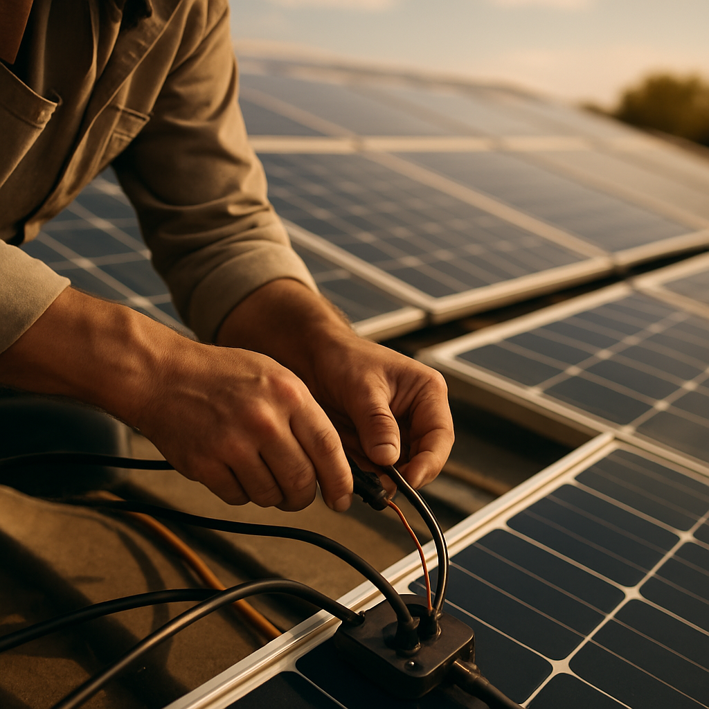 Cost To Upgrade Solar Panels Brisbane - A close-up shot of an electrician's hands carefully connecting wires on a rooftop solar panel installation. The focus is on the precision and care required for the wiring, with the panels themselves slightly blurred in the background. The sky is visible in the background.