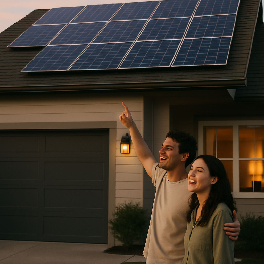 Cost To Upgrade Solar Panels Brisbane - A young couple standing on their driveway, looking up at their house roof, where new, shiny solar panels are installed. They are smiling and pointing up at the panels. The house looks modern and well-maintained. The scene evokes a feeling of pride and accomplishment.