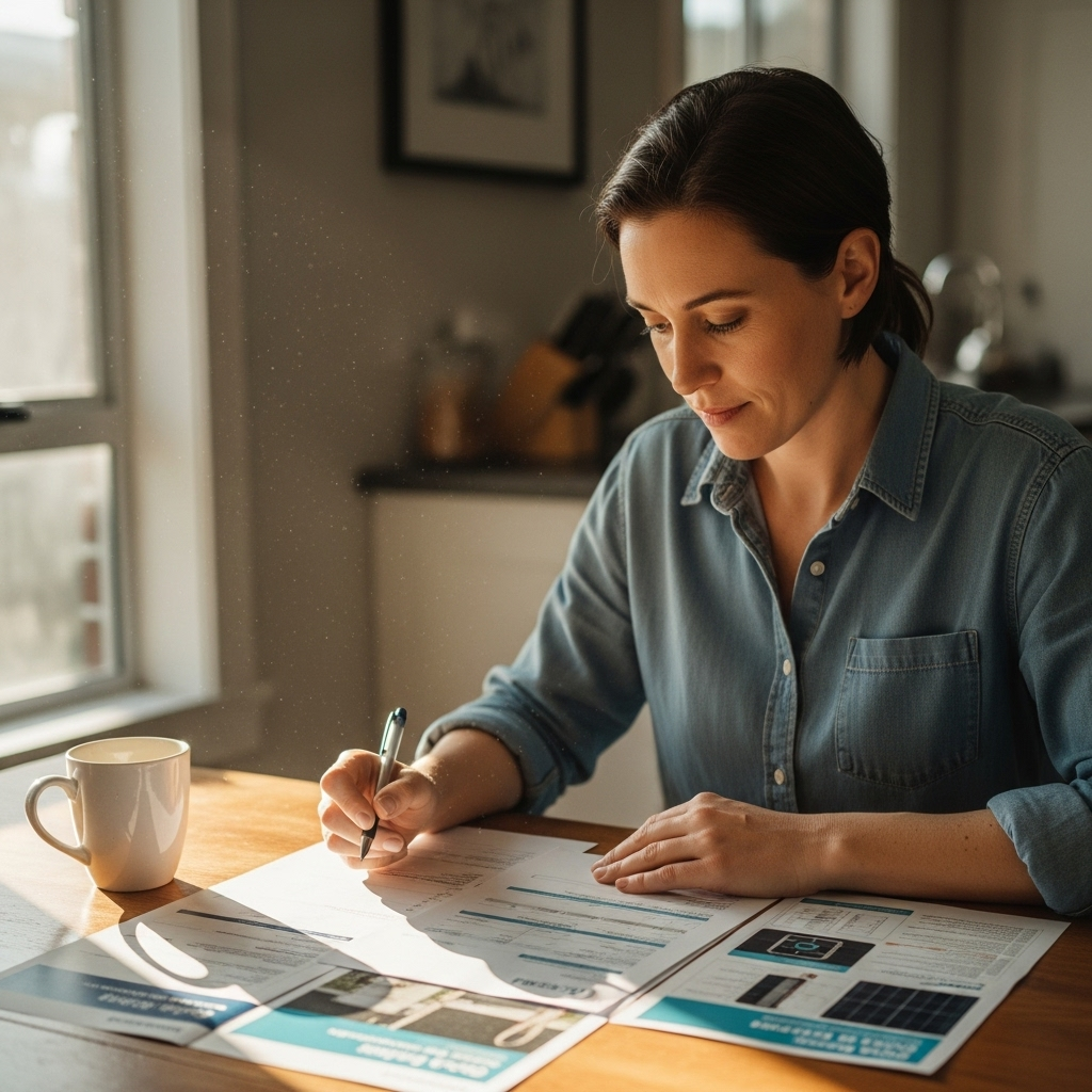 Lg Solar Battery Installers Near Me - A homeowner sitting at their kitchen table, reviewing documents (like quotes or brochures) related to solar battery installation. Sunlight streams in through the window, and they are looking thoughtful and engaged. A mug of coffee sits nearby.
